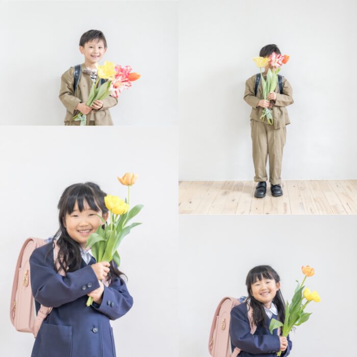 お花を持ったランドセル姿も可愛い