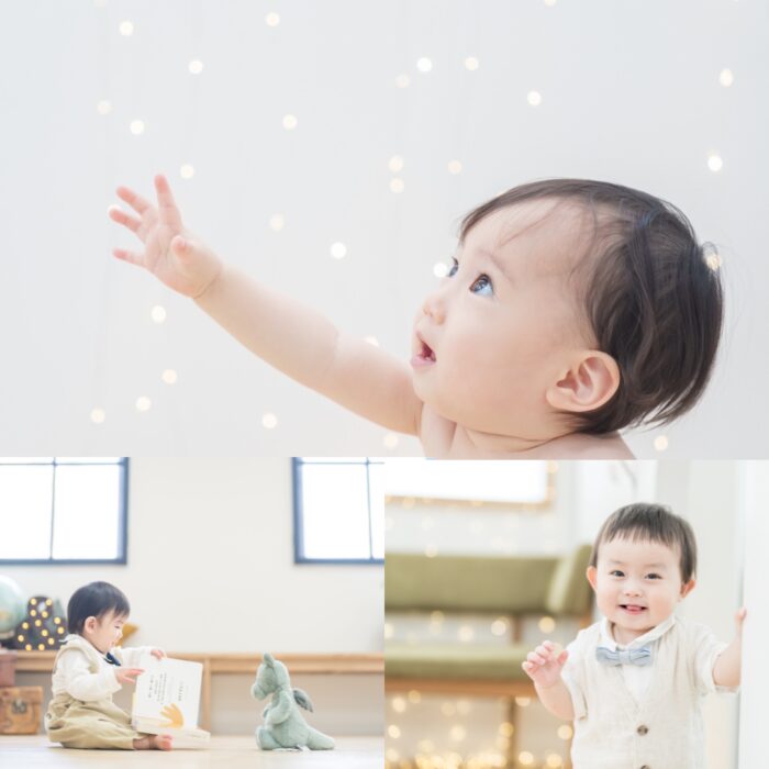 大阪市西区のスタジオで1歳バースデーフォトを撮影する自然な表情のお子様（ミライライト撮影）