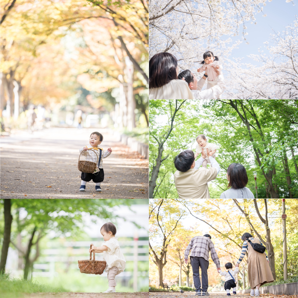 靱公園で1歳バースデーフォトのプチロケーション撮影をする笑顔のお子様と家族（ミライライト撮影）